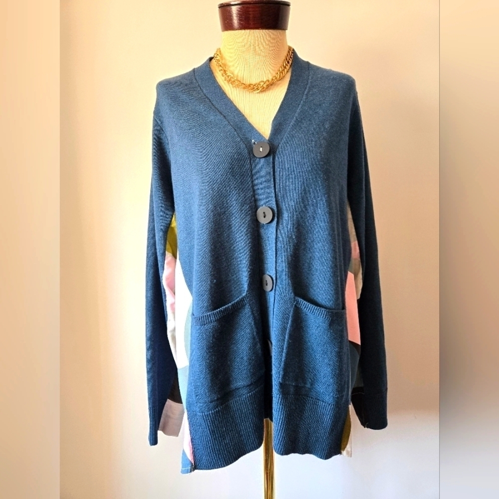 FOIL Blue Merino Wool Blend Sweater with Chiffon Pastel Multicolor Back. Medium